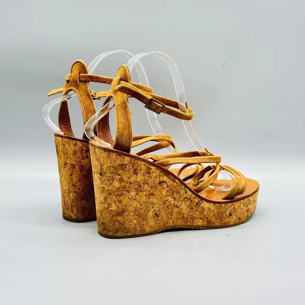 K Jacques Sandals Womens 8 Brown Suede Saint Tropez Cork Platform Wedge Shoes